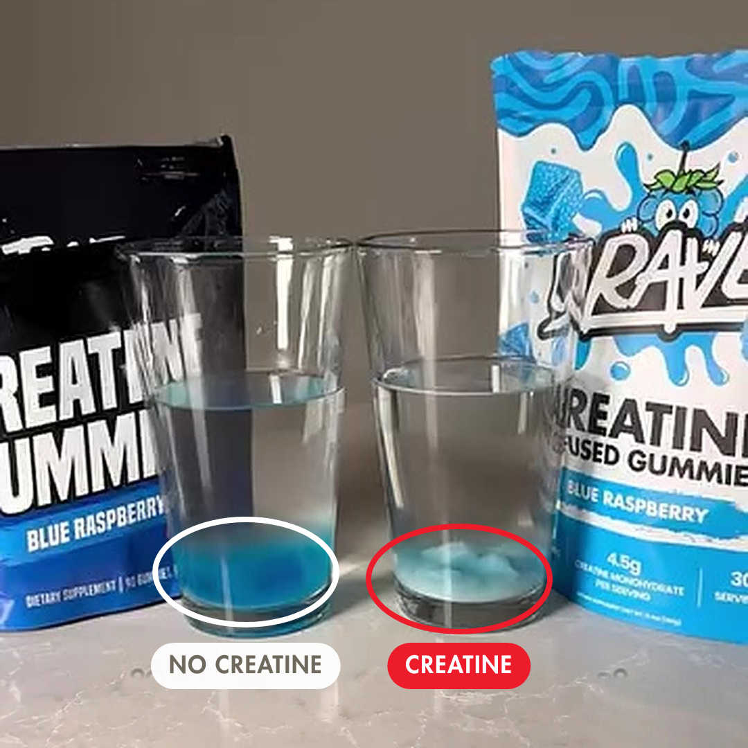 The hot-water test: one brand's gummy leaves clear coloured water, Crave's leaves white creatine sediment at the bottom of the glass